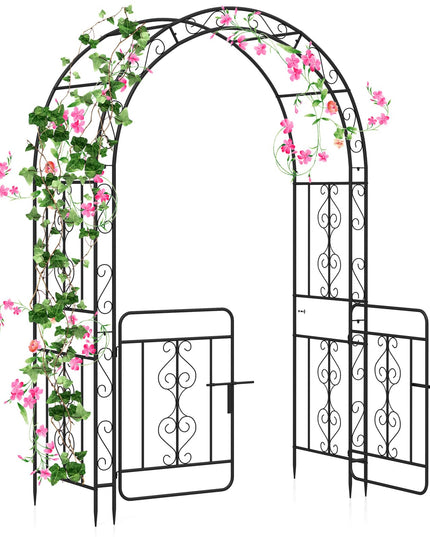 Giantex Garden Arbor with Gate, 84" H x 54" W Metal Arch Trellis for Climbing Plants Rose Vines