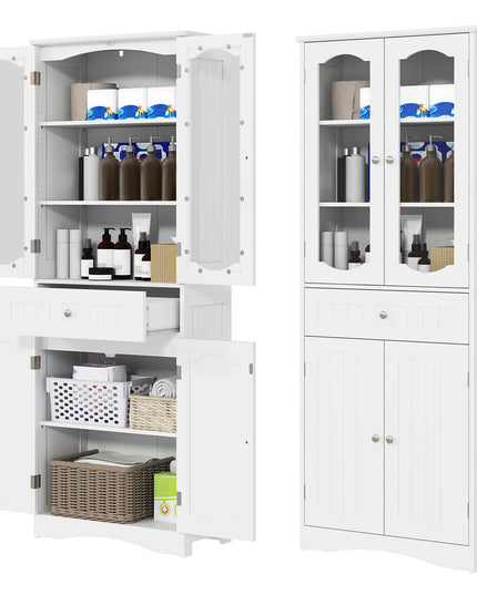 Giantex 63" Tall Bathroom Cabinet, Pantry Cabinet with Tempered Glass Doors, Adjustable Shelves & Large Drawer