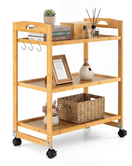 Giantex 3-Tier Rolling Storage Cart | Bamboo Utility Cart w/ 3 Side Hooks & Adjustable Shelves