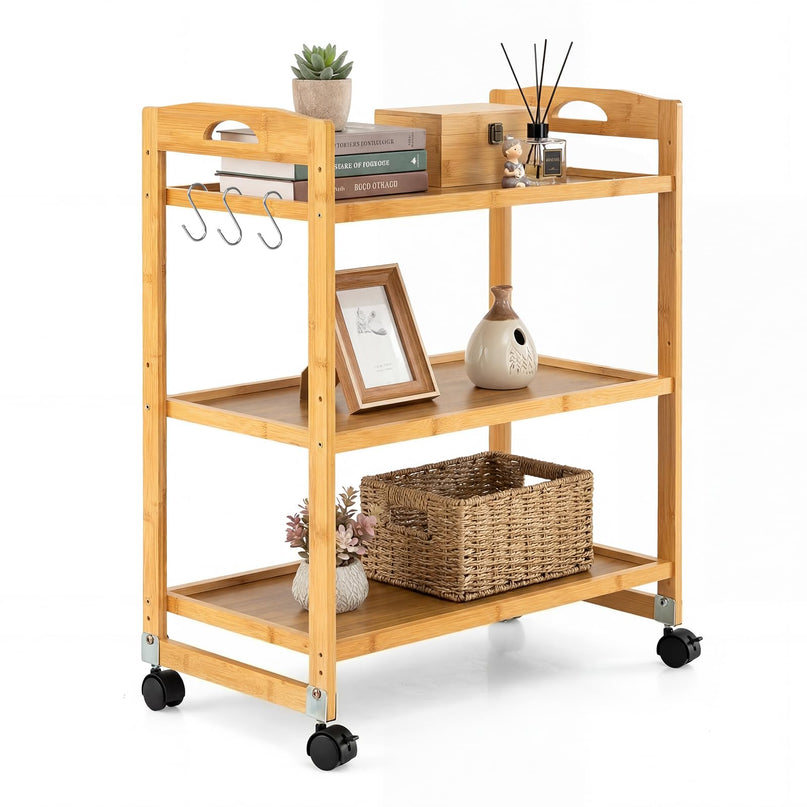 Giantex 3-Tier Rolling Storage Cart | Bamboo Utility Cart w/ 3 Side Hooks & Adjustable Shelves