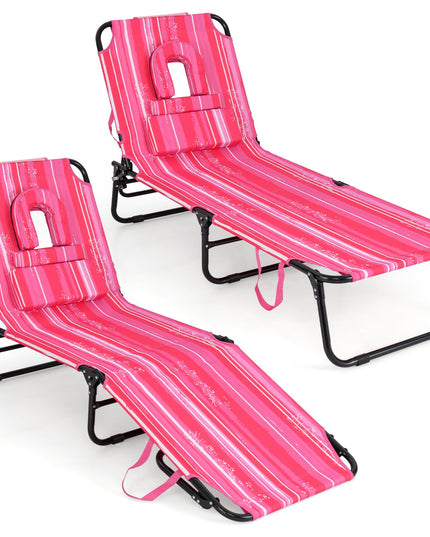Giantex Folding Beach Tanning Chair - Adjustable Patio Lounge Chair w/Face Hole, Removable Pillows, Carry Strap