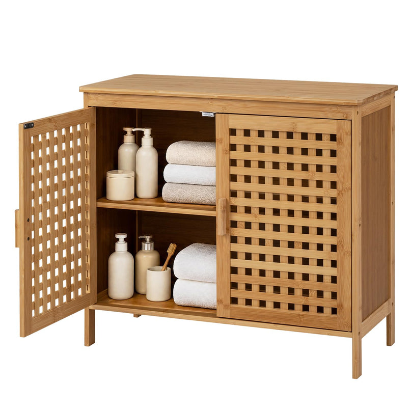 Giantex Freestanding Bamboo Bathroom Storage Cabinet with 2 Doors