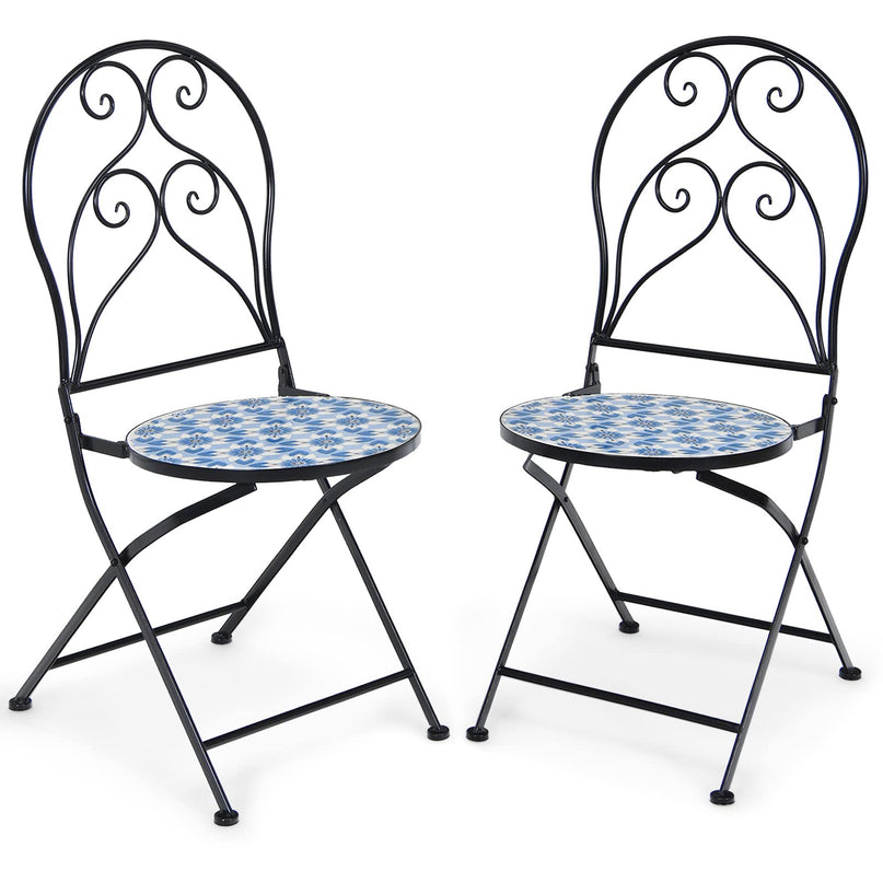 Giantex 2 Pieces Folding Bistro Chairs, Mosaic Patio Chairs with Ceramic Tiles Seat and Exquisite Floral Pattern