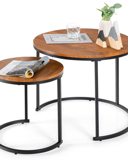 Nesting Coffee Table Set of 2, Round Stacking Side Tables w/Wooden Tabletop & Steel Frame