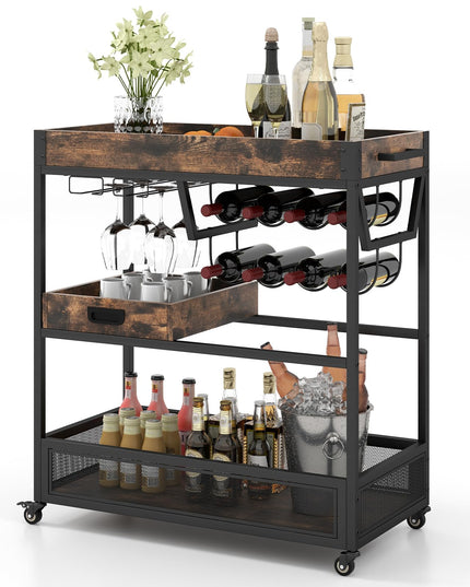 Giantex Rolling Bar Cart, 3-Tier Industrial Buffet Serving Cart with Wine Rack, Stemware Rack & Removable Tray
