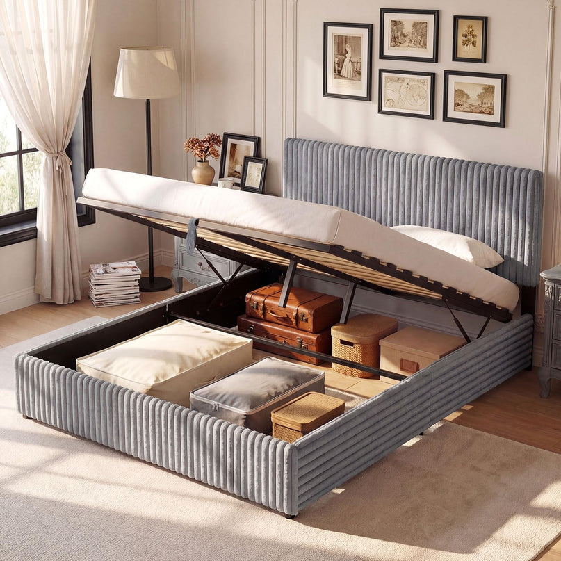 Lit de rangement relevable Giantex Queen Size avec tête de lit capitonnée à chevrons et oreilles.