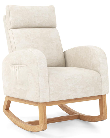 Giantex Fauteuil à bascule en chenille rembourré avec cadre en bois d'hévéa naturel
