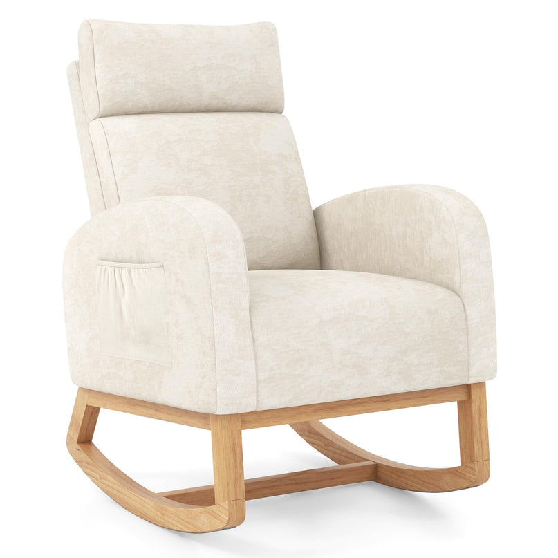 Giantex Rocking Chair Upholstered Chenille Rocker Chair Natural Rubber Wood Frame