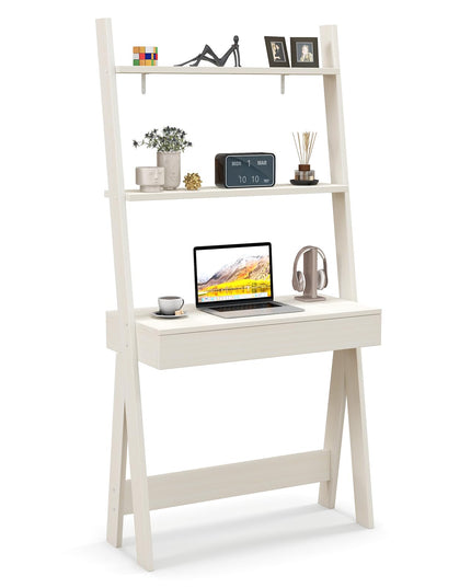 Giantex 3 Tier Ladder Desk with Drawer, 33’’ Width Ladder Shelf with Anti-tipping Device, Freestanding Bookshelf