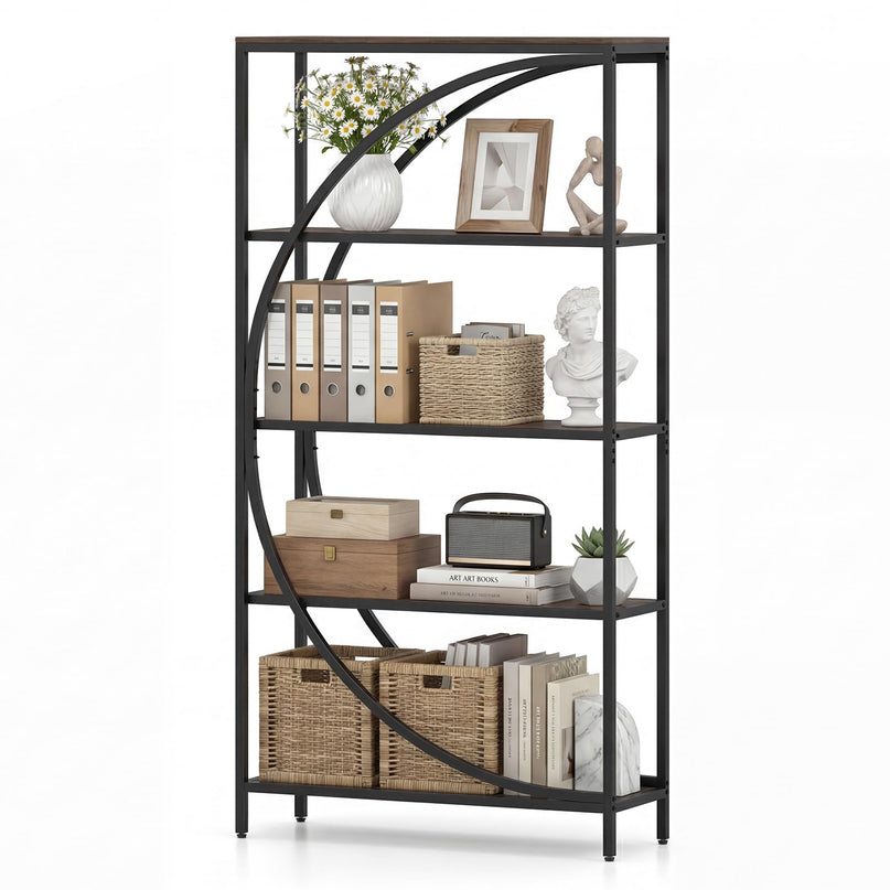 Giantex 5-Tier Bookshelf | 65" Tall Industrial Etagere Bookcase with Half-Moon Shape