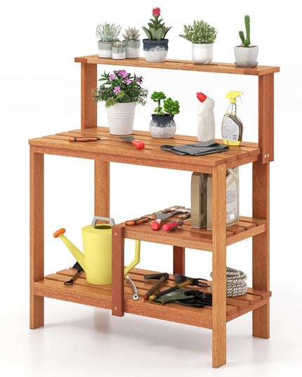 Giantex 4-Tier Potting Bench, Solid Wood Gardening Workstation w/Open Storage Shelves