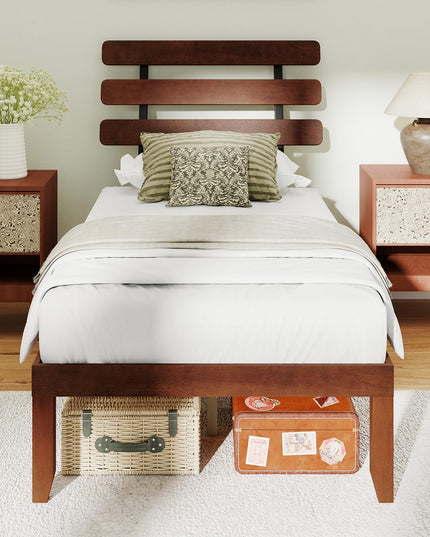 Giantex Mid-Century Modern Solid Wood Platform Bed with Wooden Slats Support & Retro Headboard