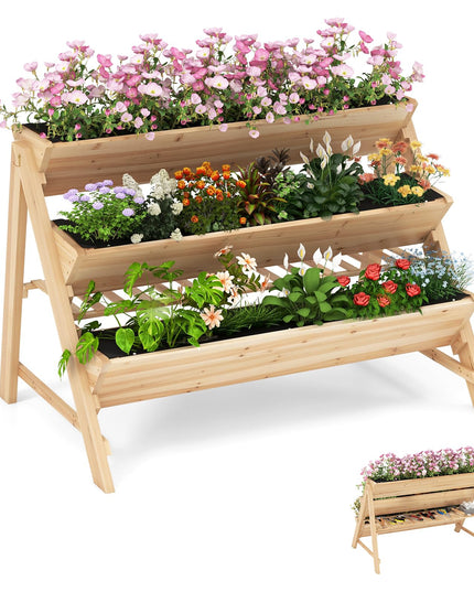 Giantex 3-Tier Raised Garden Bed, Wooden Vertical Planter Box with Storage Shelf