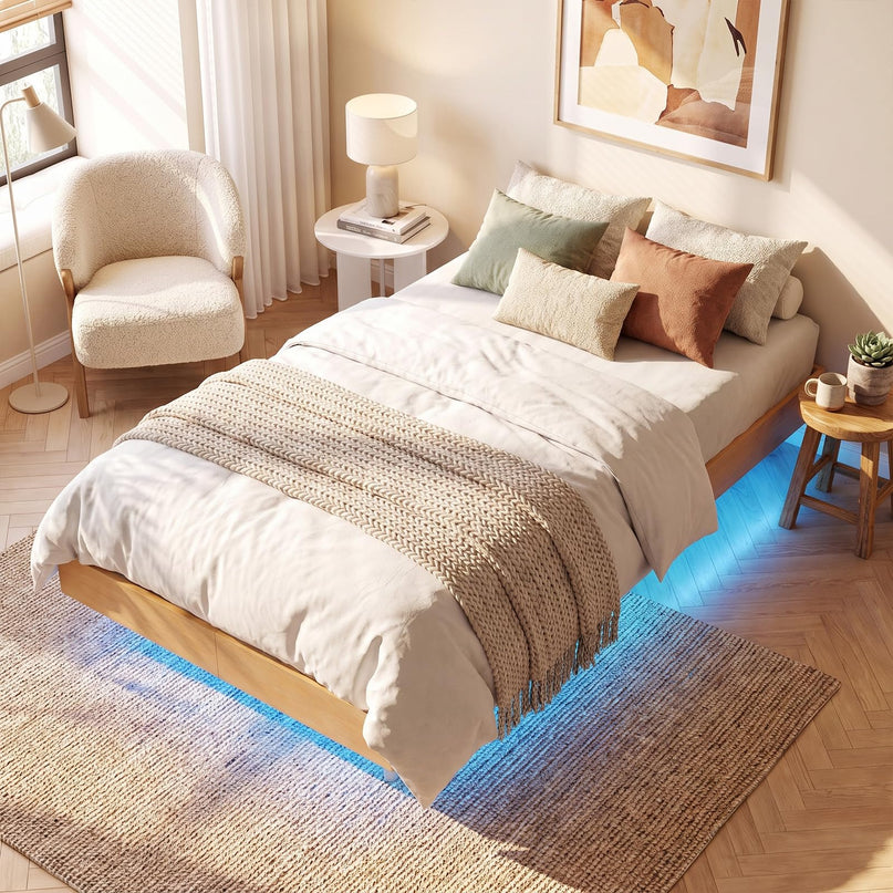 GIANTEX Wood Floating Bed Frame Twin/Full/Queen Size with Smart LED Light