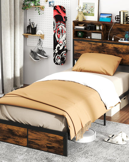 Giantex Bed Frame with Storage Headboard and Charging Station, Industrial Metal Platform Bed