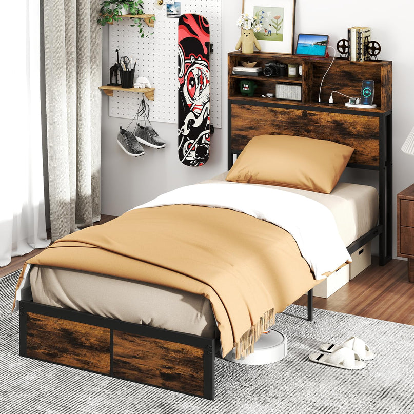 Giantex Bed Frame with Storage Headboard and Charging Station, Industrial Metal Platform Bed