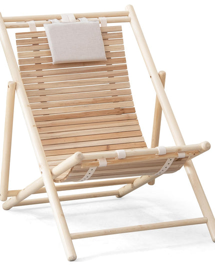 Giantex Wood Lounge Chair Outdoor - Folding Beach Chair with Detachable Headrest