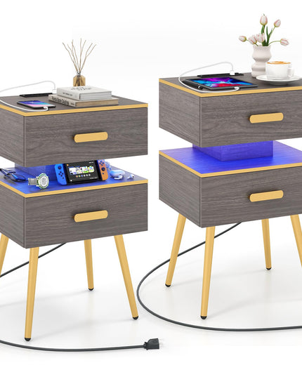 Giantex Nightstand with Charging Station & LED Lights, 28.5" Bedside Table with 2 Drawers
