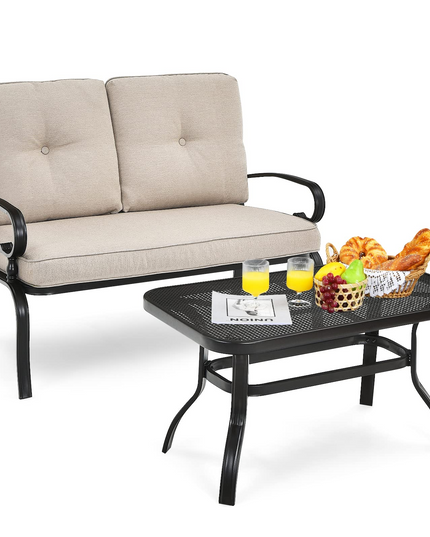 Giantex 2 Pcs Patio Loveseat with Coffee Table Outdoor Bench with Cushion and Metal Frame