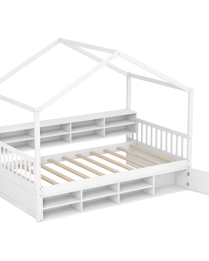Giantex Twin Size House Bed with Storage, Wooden Montessori House Bed with 14 Storage Cubes