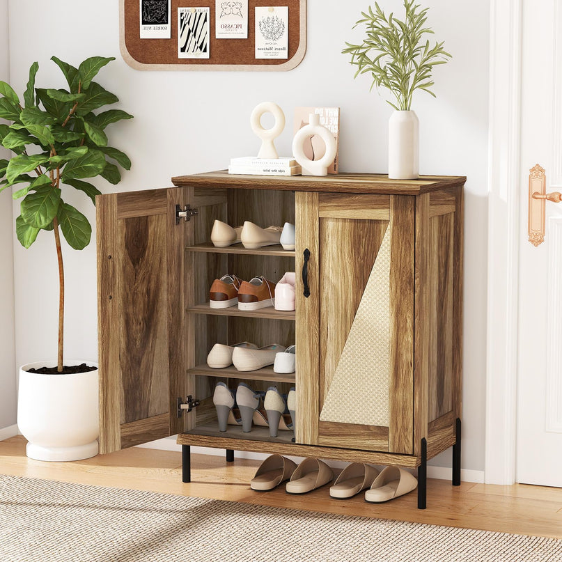 Meuble à chaussures de style campagnard Giantex à 5 niveaux avec portes en rotin tressé