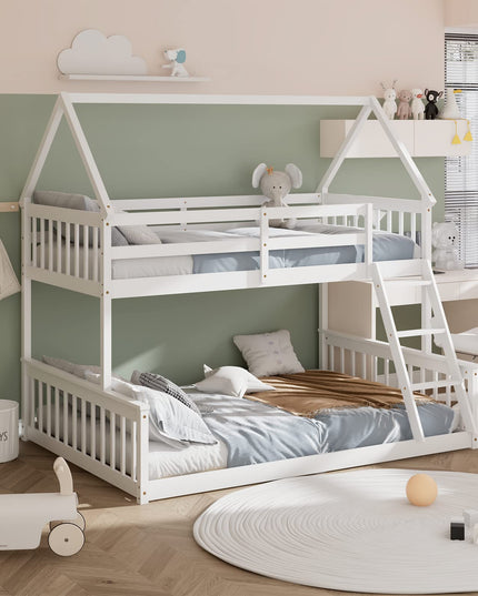Giantex Twin Over Full House Bunk Bed, Floor Low Bunk Bed Frame w/Integrated Ladder & Safety Guardrails