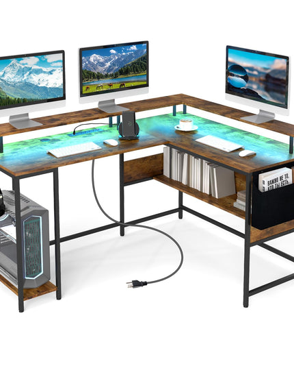 Giantex L Shaped Desk with LED Light & Power Outlets Ergonomic Home Office Desk