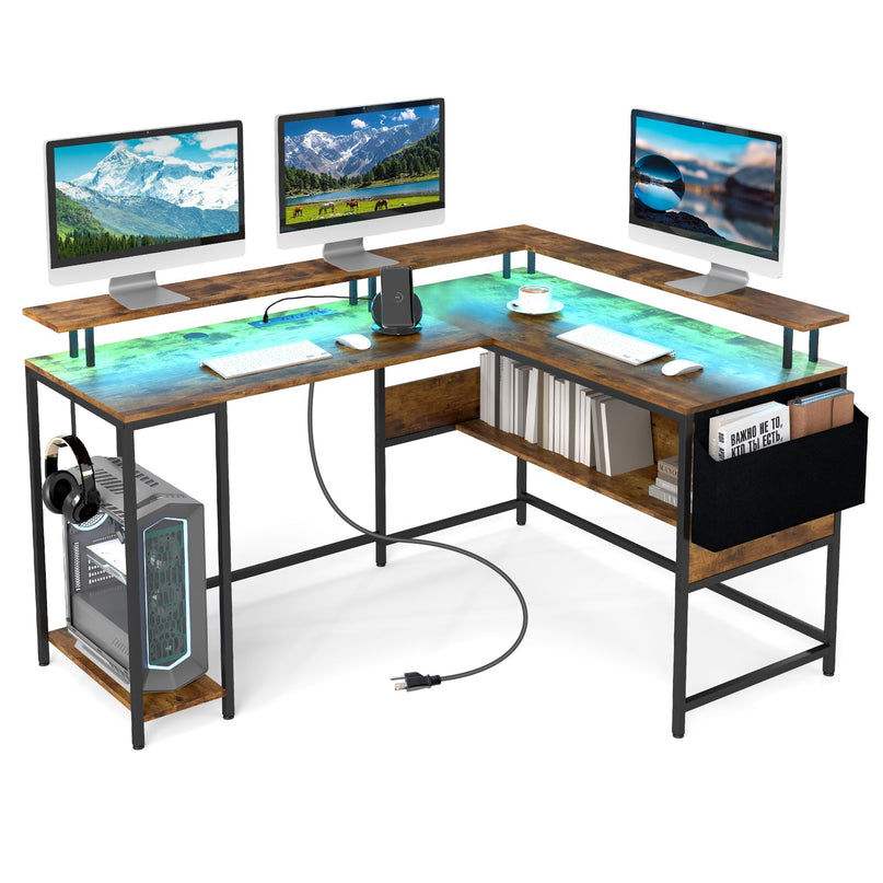 Giantex L Shaped Desk with LED Light & Power Outlets Ergonomic Home Office Desk