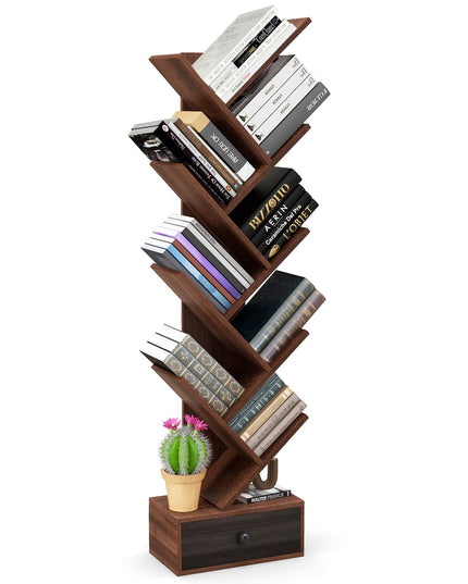 10-Tier Tree Bookshelf with Drawer, Brown - Giantex