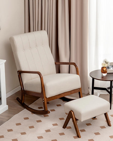Giantex Rocking Chair with Ottoman, Upholstered Rocker Chair with Solid Rubber Wood Frame