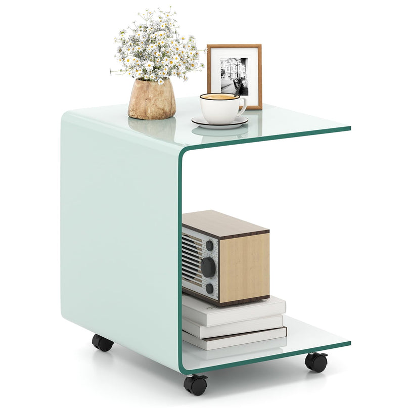 Table d'appoint en C Giantex avec roulettes – Table d'appoint mobile en verre trempé pour canapé, lot de 1 ou 2