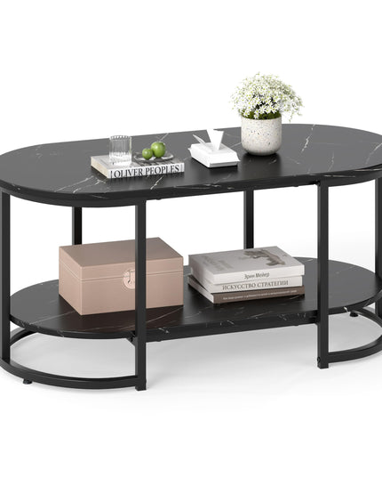 Table basse Giantex en marbre blanc - Table d'appoint moderne à 2 niveaux avec étagère de rangement ouverte