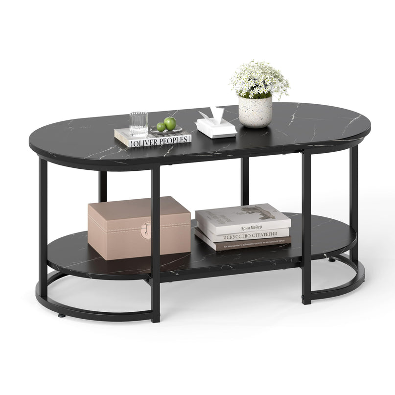 Giantex White Marble Coffee Table - Modern 2-Tier Center Table w/Open Storage Shelf