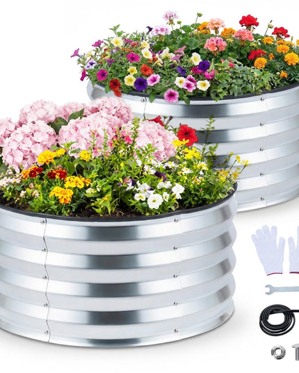 Giantex 2 Pack Galvanized Raised Garden Bed Kit | 2x2x1 FT Round Large Metal Planter Boxes w/Open-Ended Base