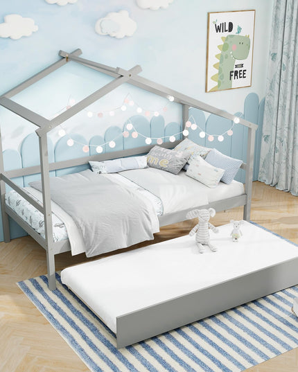 Giantex Wood House Bed for Kids, Twin Bed Frame with Trundle Bed Twin