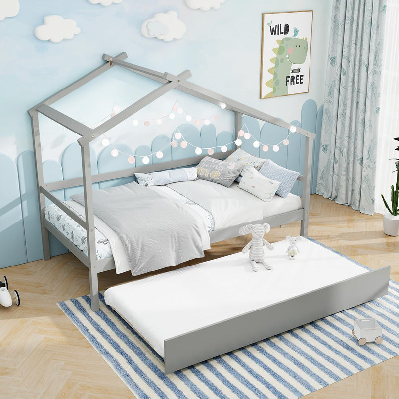 Giantex Wood House Bed for Kids, Twin Bed Frame with Trundle Bed Twin