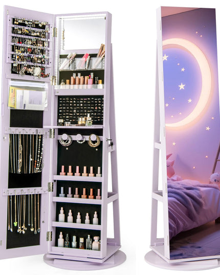 CHARMAID 63.5"H Jewelry Armoire with Full Length Mirror 360 Degree Swivel, 3-Color LED lights