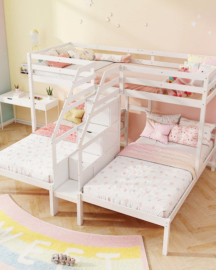 Giantex Twin Over Twin & Twin Bunk Bed, Triple Bunk Beds with 4-Step Storage Stair, Wooden 3 Bunk Beds for Kids Teens