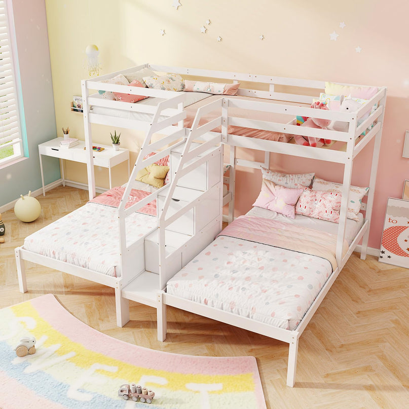 Giantex Twin Over Twin & Twin Bunk Bed, Triple Bunk Beds with 4-Step Storage Stair, Wooden 3 Bunk Beds for Kids Teens