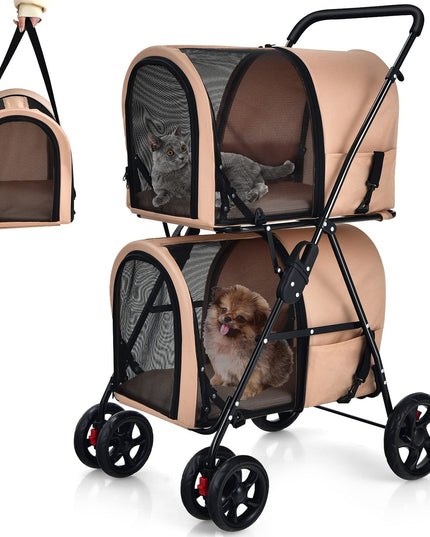 Double Pet Stroller with 2 Detachable Carrier Bags, 4 Lockable Wheels Cat Stroller