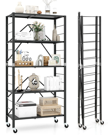 Giantex 5-Tier Foldable Storage Shelf with Wheels Set of 1/2, Collapsible Shelving Unit with Adjustable Shelves