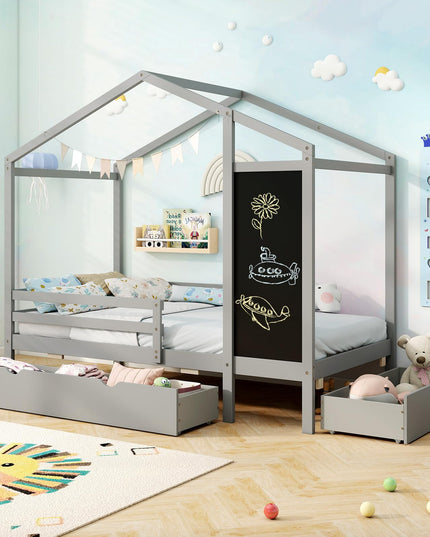 Giantex Twin Bed with 2 Storage Drawers, Solid Wood House Bed with Blackboard & Safety Guardrails