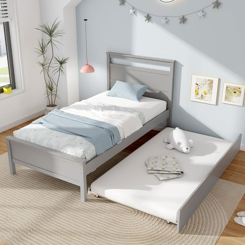 Giantex Trundle Bed Twin, Wood Day Bed Frame with Headboard & Footboard