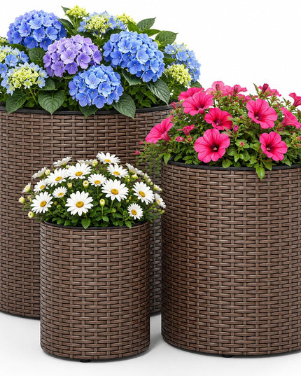 GIANTEX Set of 3 Rattan Round Flower Pot Set
