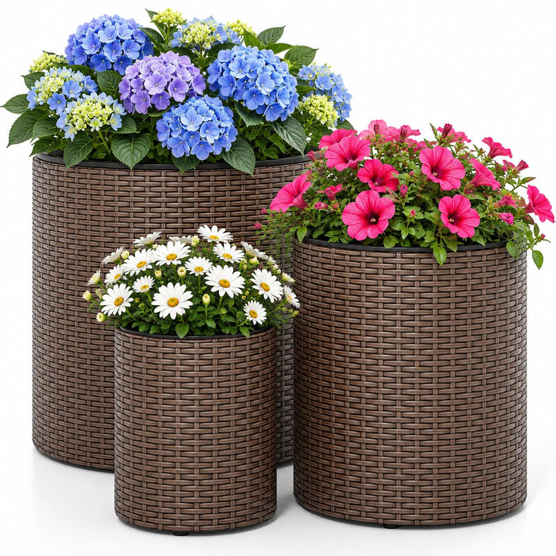 GIANTEX Set of 3 Rattan Round Flower Pot Set