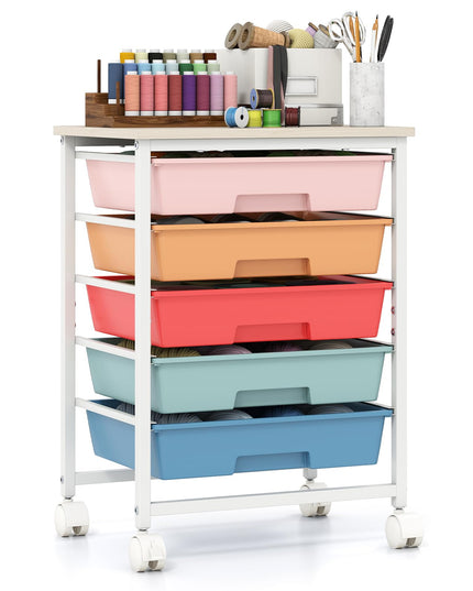Giantex 5 Drawers Rolling Cart with Wheels Wood Top Sturdy Frame