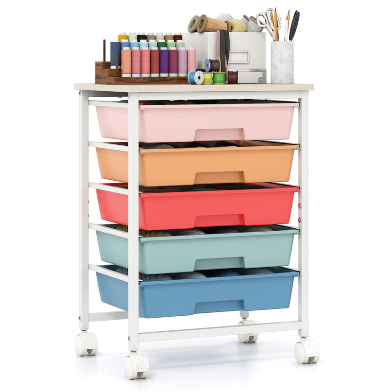 Giantex 5 Drawers Rolling Cart with Wheels Wood Top Sturdy Frame