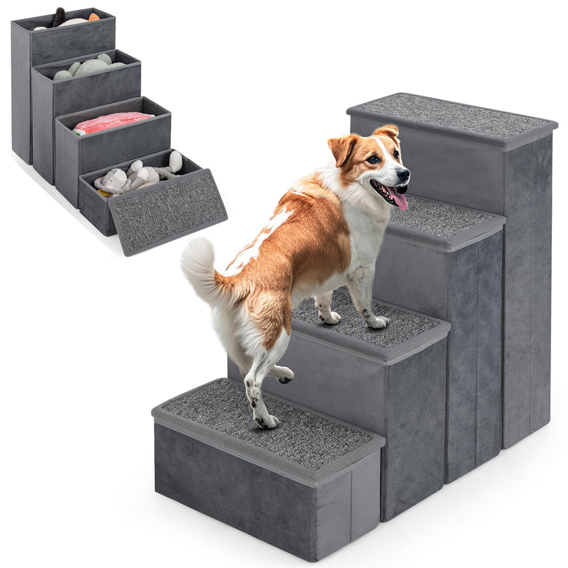 Giantex Dog Stairs with Storage - 23" H Folding 4-Step Pet Stairs
