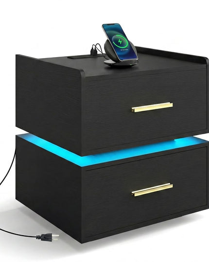 Giantex Semi-Floating LED Night Stand with Charging Station & 2 Storage Drawers (1/2)