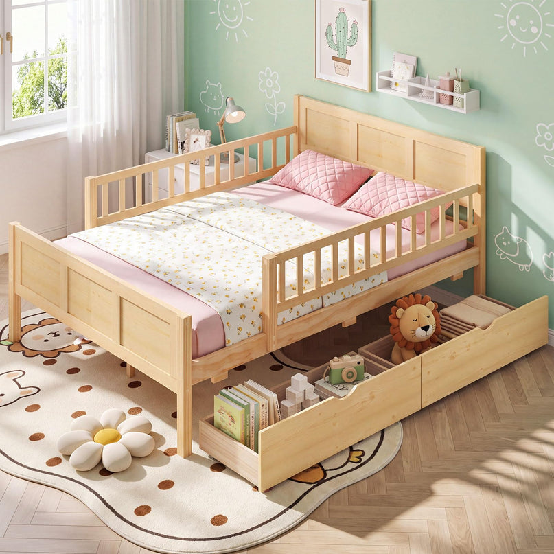 GIANTEX Full/Twin  Size Bed Frame with 2 Storage Drawer & Guardrails for Kids